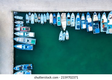 Aerial View Of Boat At Fuvahmulah Harbour, Fishing Port And Famous Dive Site For Tiger Sharks, Fuvahmulah Island South Maldives. Nautical Vessel For Marine Tourism And Scuba Diving Industry.