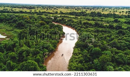 Aerial view of a boat on river in Pantanal, Brazil