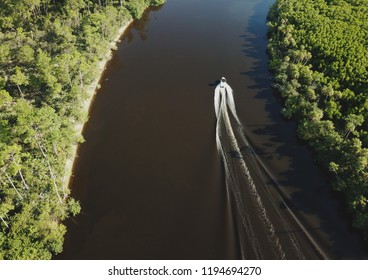 Aerial View Of Boat Riding Down St Lucie River.