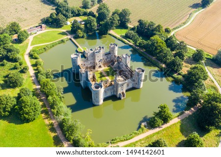 Aerial view of Bodiam Castle, Kent with the moat