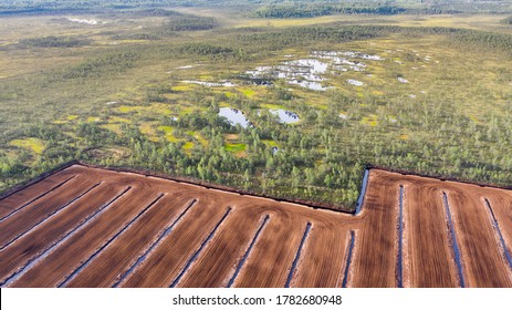 Aerial view to the bog landscape with the remaining natural elements and destroyed area by peat extraction. This  activity have severe impact to water protection, biodiversity and climate change 