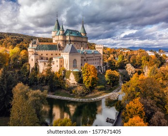 Aerial view of Bojnice medieval castle, UNESCO heritage in Slovakia. Romantic castle surrounded with autumn colors with gothic and Renaissance elements built in 12th century in Bojnice, Slovakia. - Powered by Shutterstock