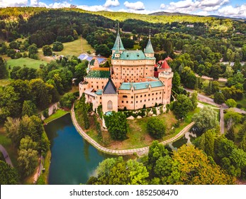 Aerial view of Bojnice medieval castle, UNESCO heritage in Slovakia Slovakia landscape travel. concept. Romantic castle. - Shutterstock ID 1852508470