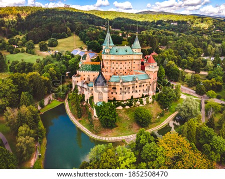 Aerial view of Bojnice medieval castle, UNESCO heritage in Slovakia Slovakia landscape travel. concept. Romantic castle.