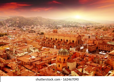 Aerial view of Bologna at sunset. Italy.