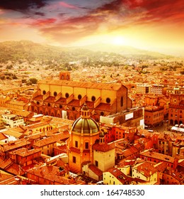 Aerial view of Bologna at sunset. Italy.