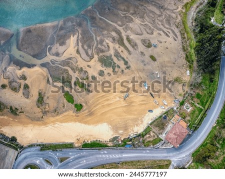 Aerial view of Bonhome beach in estuary of Villaviciosa in Asturias, Spain.