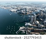 Aerial view of Boston Bay with yachts in it drone view from above. Massachusetts, USA