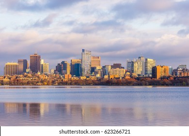Aerial view of Boston cityscape and Charles River from Cambridge side, Boston, Massachusetts, USA