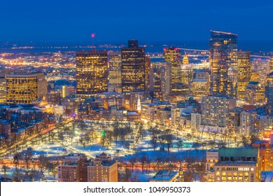 Aerial View Of Boston Skyline And Boston Common Park In Massachusetts, USA At Sunset In Winter