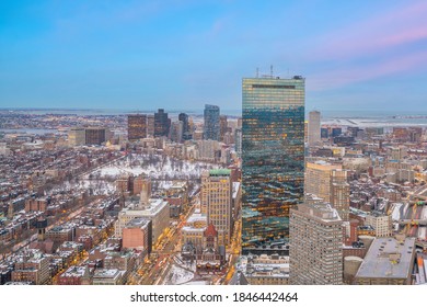 Aerial view of Boston skyline and Boston Common park in Massachusetts, USA at sunset in winter