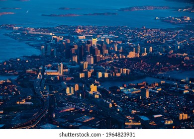 Aerial view of Boston skyline at sunset in winter ,Massachusetts, USA 