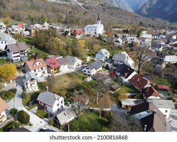 Aerial View Of Bovec Settlement In The Soča Valley, Slovenia, EU