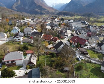 Aerial View Of Bovec Settlement In The Soča Valley, Slovenia, EU