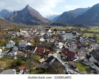 Aerial View Of Bovec Settlement In The Soča Valley, Slovenia, EU