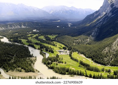 Aerial view of the Bow River and Fairmont Banff Springs Golf Course - Shutterstock ID 2276900639