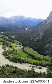 Aerial view of the Bow River and Fairmont Banff Springs Golf Course - Shutterstock ID 2276900641