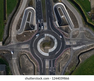 Aerial View Of Brand New Roundabout With A Tunnel For Bike Traffic. It Is Located Along Road N507 Near Wogmeer, Holland.