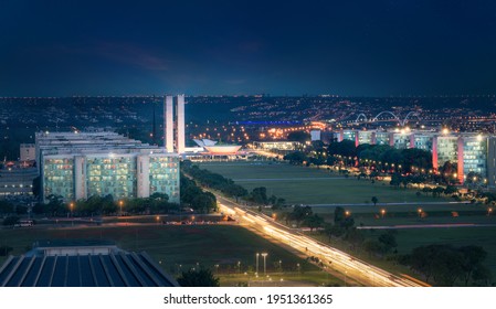Aerial view of Brasilia at night - Brasilia, Distrito Federal, Brazil