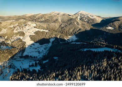 Aerial view of breathtaking winter landscape with snow-covered fields and dense pine forests. Small village nestled among trees, while distant mountains stand majestically under clear blue sky. - Powered by Shutterstock