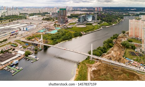 Aerial View Bridge. Moscow, Russia 06/2019: Merry Go Round In Vegas Trade Center. Ferris Wheel Myakinino, Krasnogorsk City. Pavshinskaya Poima. Musement Park, Urban Landscape Carousel. Pool