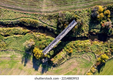 Aerial view of bridge to nowhere. Unfinished and abandoned railway overpass bridge. Sati, Latvia