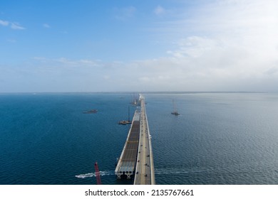 Aerial View Of A Bridge On Pensacola Bay In Pensacola, Florida 