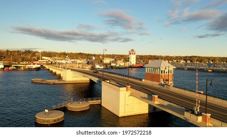 Aerial View Of The Bridge In Sturgeon Bay City In Door County, Wisconsin. Sunny Morning, Sunrise. Spring Summer Season