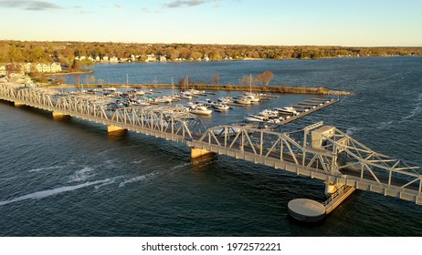 Aerial View Of The Bridge In Sturgeon Bay City In Door County, Wisconsin. Sunny Morning, Sunrise. Spring Summer Season