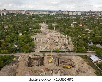 Aerial View. Bridge Under Construction In Kiev.