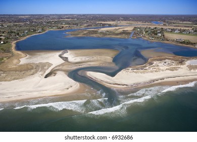 Aerial View Of Bridgehampton, New York With Shoal And Inlet.