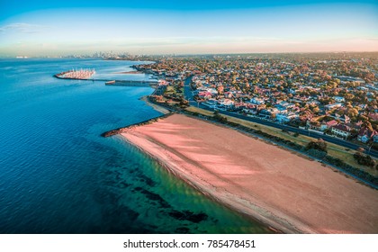 Aerial view of Brighton beach and suburb at sunrise. Melbourne, Australia