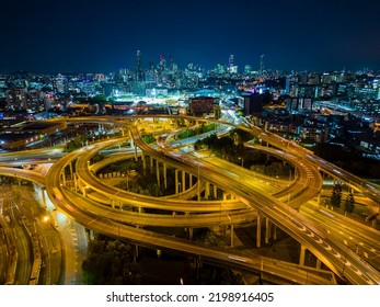 Aerial View Of Brisbane City And Highway Traffic In Australia At Night