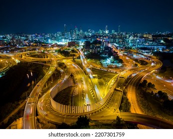 Aerial View Of Brisbane City And Highway Traffic In Australia At Night