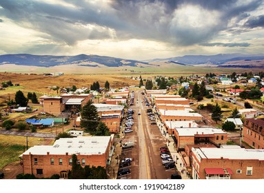 Aerial view of Broadway Street of Philipsburg, Montana, Philipsburg is a town in and the county seat of Granite County, Montana, United States. - Shutterstock ID 1919042189