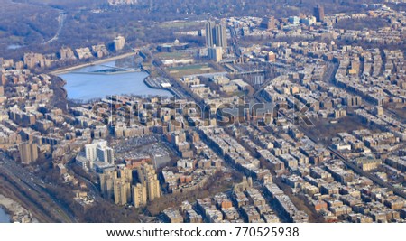 Aerial view of the Bronx, and the Fordham Road area, with the Kingsbridge Armory and Jerome Park Reservoir.