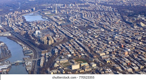 Aerial view of the Bronx in New York City, with Fordham and Kingsbridge plus the Harlem River. - Shutterstock ID 770523355