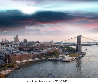 Aerial View Of Brooklyn Bridge Area And East River, New York.