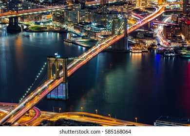 Aerial View Of Brooklyn Bridge By Night