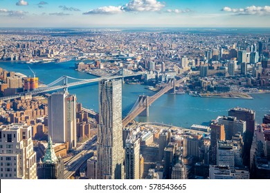 Aerial View Of Brooklyn Bridge And Manhattan Bridge - New York, USA