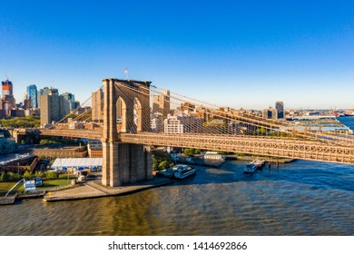 Aerial View Of The Brooklyn And Manhattan Bridge At The Sunrise. 