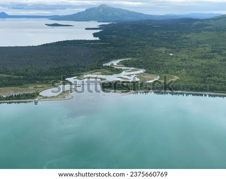 Aerial view of Brooks Camp, Katmai National Park and Preserve. Mouth of Brooks River, Naknek Lakeshore, Brooks Camp attracts people from all over the world to view brown bears. Dumpling mountain.