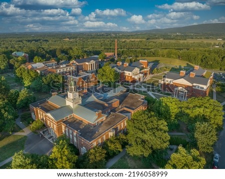 Aerial view of Bucknell University in Lewisburg Pennsylvania science center brick colonial style buildings