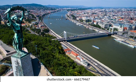 Aerial View Of Budapest And The Danube River And Liberty Statue