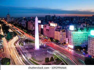 Aerial View Of Buenos Aires City With Obelisk And 9 De Julio Avenue At Night - Buenos Aires, Argentina