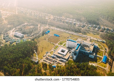 Aerial View OF Building Of Hospital In Spring Sunny Day. Top View. Drone View. Bird's Eye View