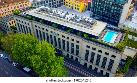 Aerial View Of A Building With A Rooftop Pool. Famous Rooftop Restaurant. Ceresio Sette 7. Milan Italy June 20221 