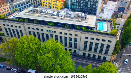 Aerial View Of A Building With A Rooftop Pool. Famous Rooftop Restaurant. Ceresio Sette 7. Milan Italy June 20221 