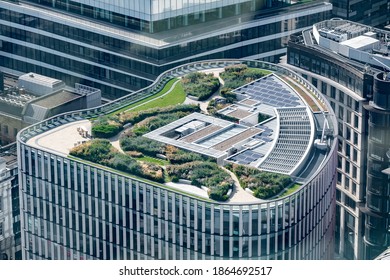 Aerial view of a building top with a roof garden