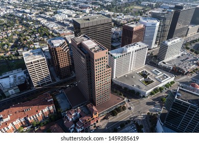 Aerial view of buildings along Wilshire Blvd near Westwood in Los Angeles, California.